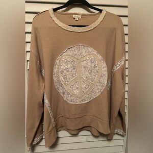 POL Tan Long Sleeve Top with Peace Sign Design